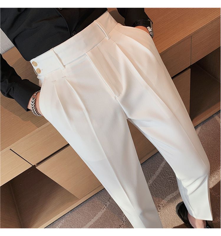 Pantaloni napoletani da uomo nuovi di zecca, in twill strutturato, con vita a pieghe, design casual a nove punte, vita media e alta_voghion.com