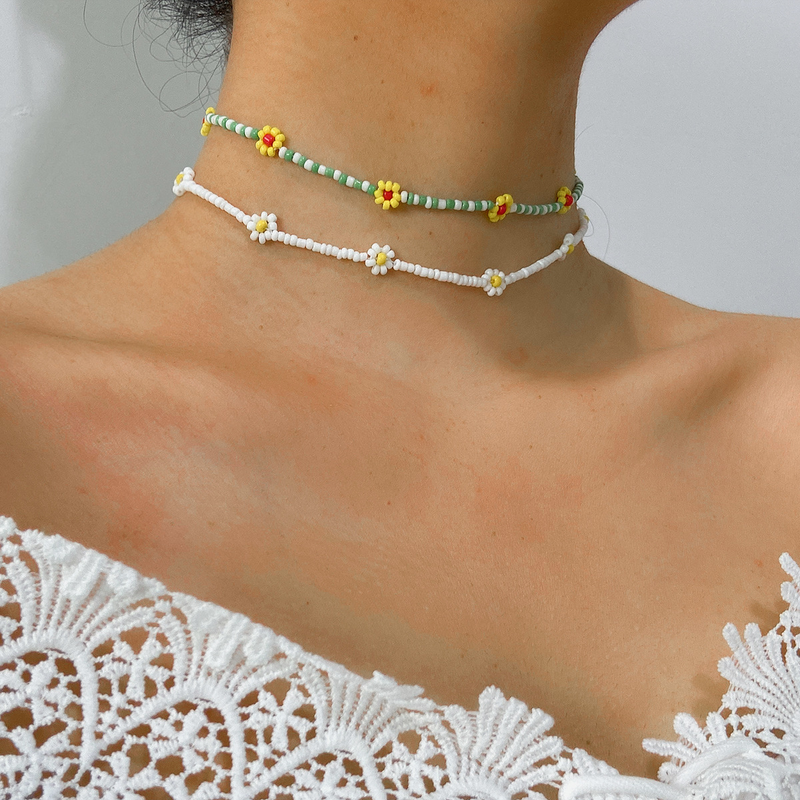 Collana da donna in stile bohémien con fiori a margherita colorata, semplice collana con clavicola con perline retrò femminile_voghion.com