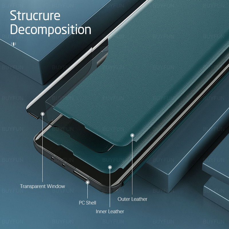 PU-nahkainen älykäs ikkunanäkymäinen läppäkotelo Samsung Galaxy A32 A42 5G:lle ja 32 A12 S20FE S 20FE M51 -magneettitelinepuhelimelle_voghion.com