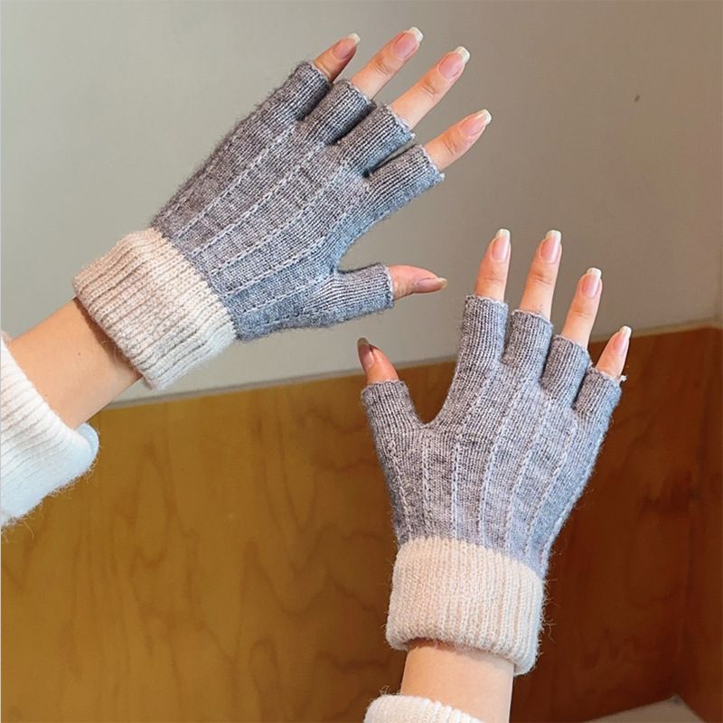 Winter Student Half-Finger Knitted Wool Fleece Touchscreen Writing Cycling Anti-Slip Fingerless Warm Gloves_voghion.com