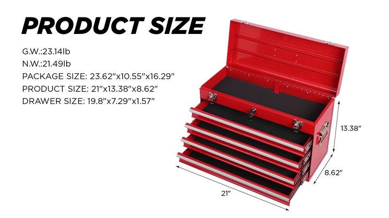 Heavy Duty Metal Tool Box, 21-inch, Portable Metal Tool Box With 4 Drawers, Small Tool Chest With EVA Liners, Ball Bearing Slide Drawers Locking & Powder Coated Finish, Multi-Function Tool Organizer_voghion.com