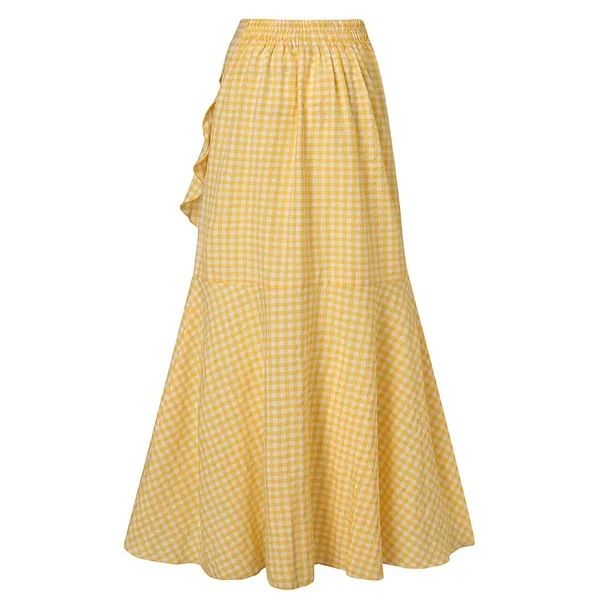 Dameskleding geruite zeemeermin rok gerimpelde onregelmatige zoom hoge taille casual paraplu wikkel lange rok_voghion.com