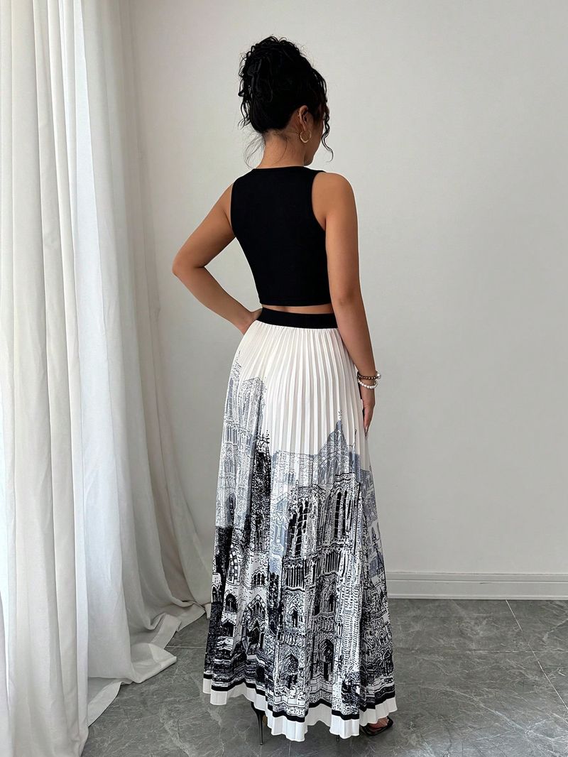 Ärmelloses Sommerkleid-Set mit Aquarelldruck – fließender High-Low-Rock und einfarbiges Tanktop, vielseitiges zweiteiliges Outfit für Damen_voghion.com
