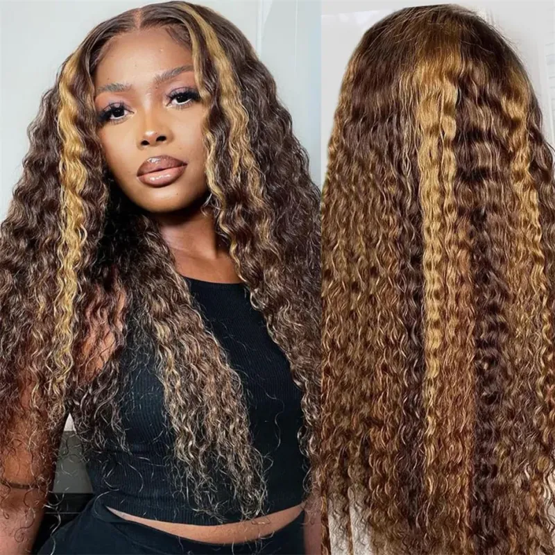 4/27 Highlight Water Wave Human Hair Wig 13x4 Lace Frontal Human Hair Wig For Women Curly Wig Transparent Lace Front Wig 180%_voghion.com