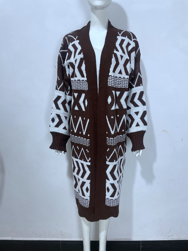 Damen-Strickjacke, mittellanger, lockerer, geometrischer, übergroßer Mantelpullover_voghion.com