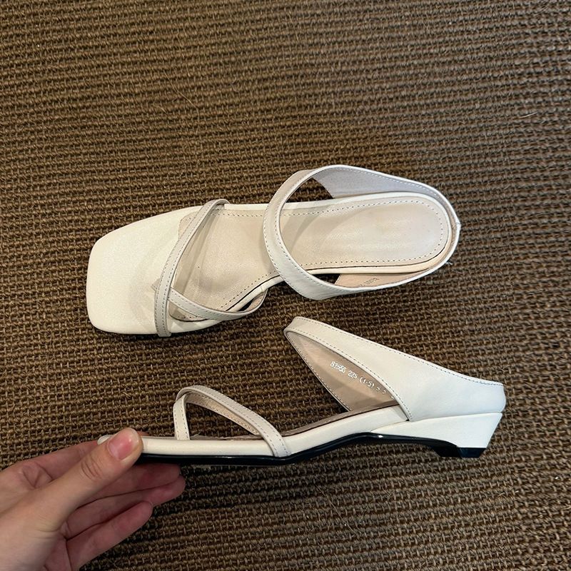 Versione in pelle di pecora ~ Sandali estivi con zeppa quadrata, semplici, casual, da donna, con cinturino alla punta_voghion.com