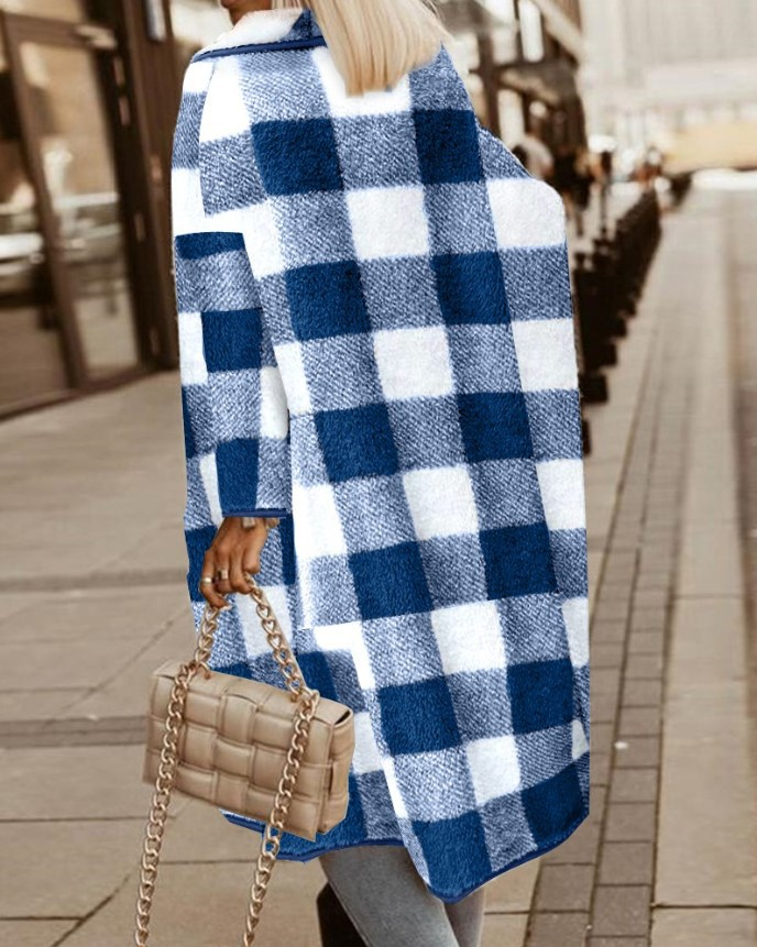Damenbekleidung Mode karierte Wolljacke mittellanger Mantel_voghion.com