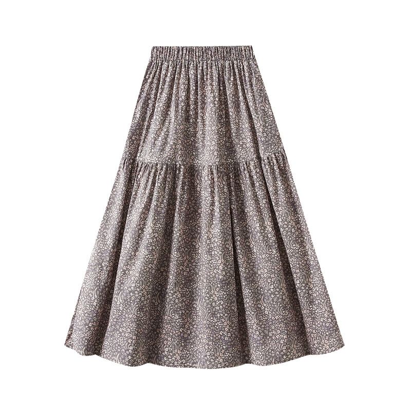 Gonna midi a vita alta con drappeggio floreale per donna; gonna a trapezio; abito lungo._voghion.com