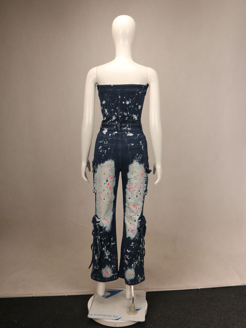 Women's Clothing Tight Waist Elastic Strapless Workwear Denim Jumpsuit _voghion.com