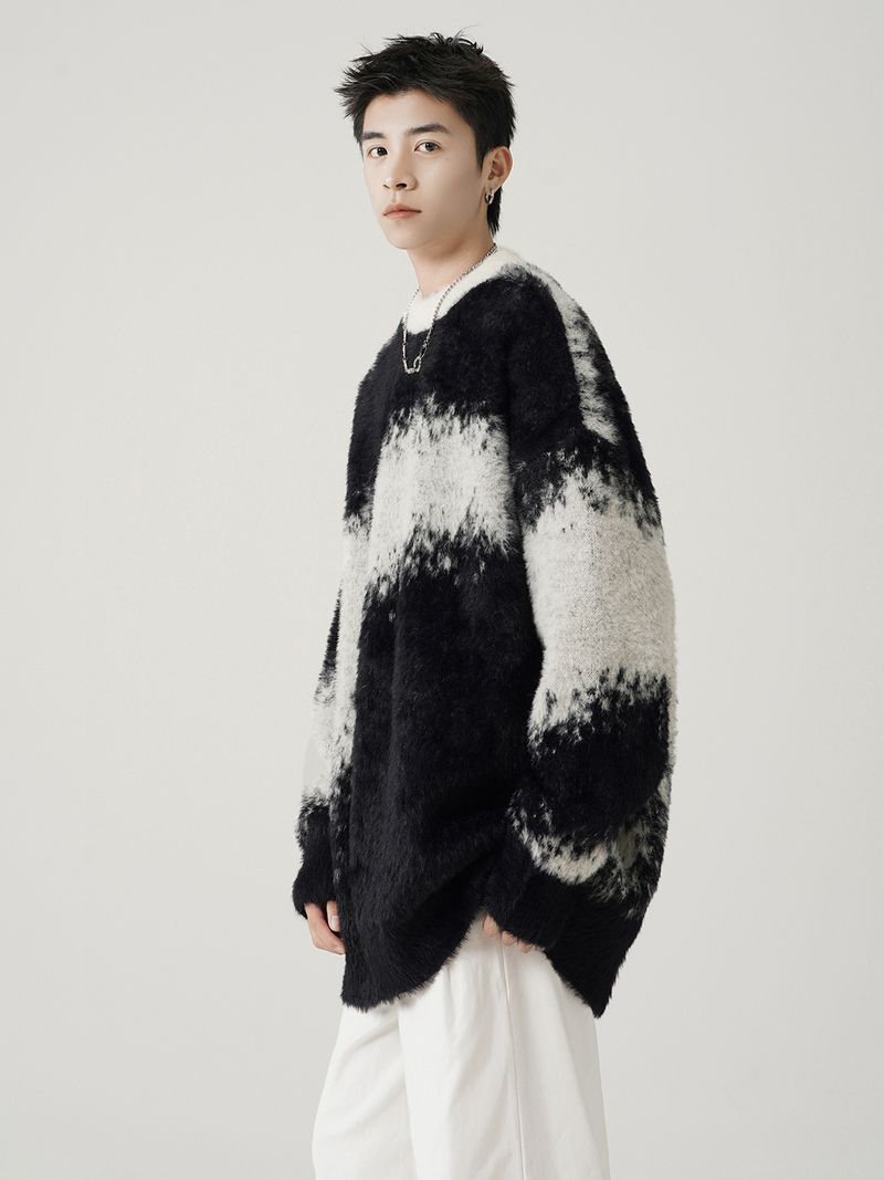 Suéter masculino de lã vison tie-dye com blocos de cores - Pulôver aconchegante e estiloso para o inverno, casual e moderno._voghion.com