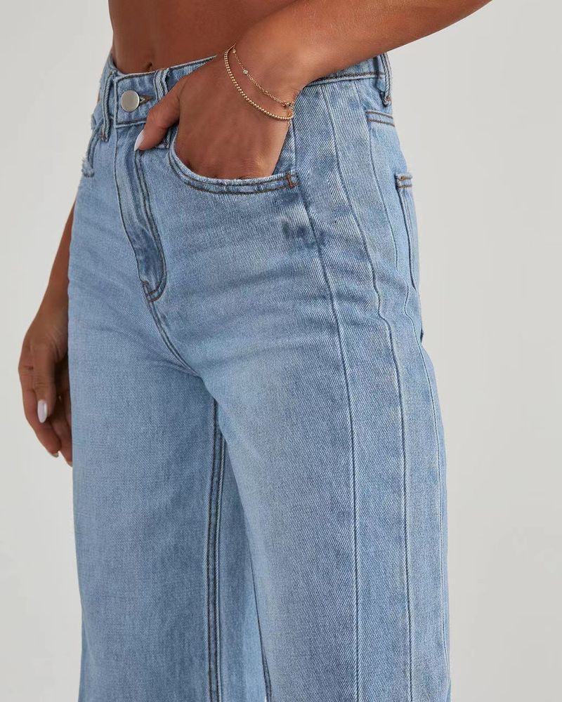 Jeans a gamba dritta e rilassati da donna - Pantaloni a gamba larga a vita alta con lavaggio classico per abbigliamento casual e da ufficio_voghion.com