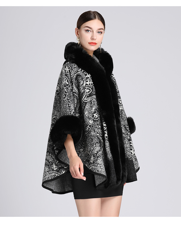 Cardigan in lana di grandi dimensioni con collo a scialle con cappuccio jacquard in pelliccia di coniglio rex di nuovo stile per donna_voghion.com