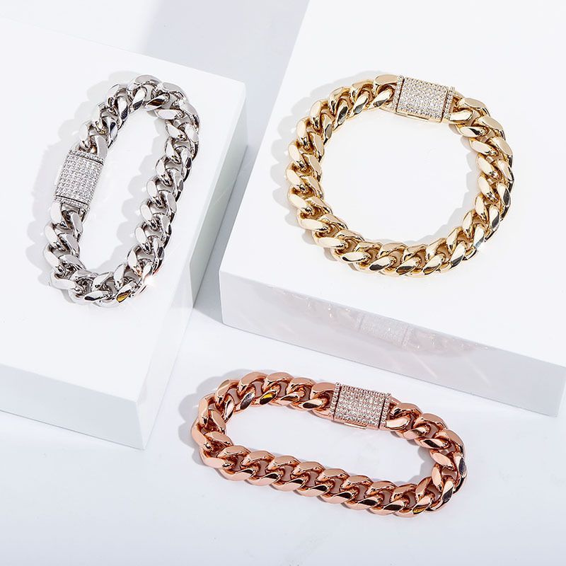 Ins New Box Jewelry Buckle Cuban Inlaid Zircon Real Gold Electroplated Hip Hop Men's Bracelet_voghion.com