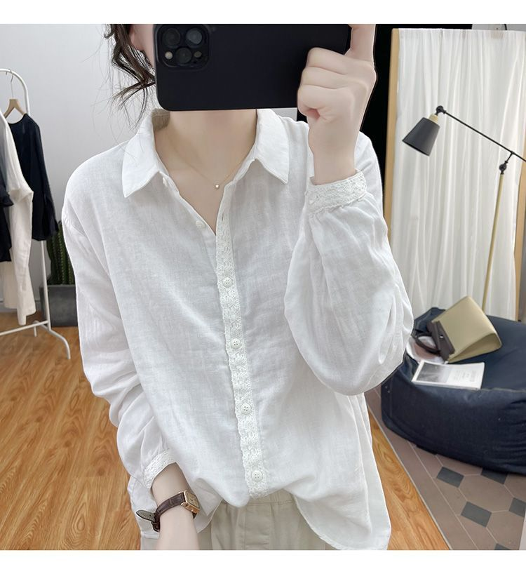 Camisa retro de algodón y cáñamo de color liso para mujer, primavera/verano 2024, nueva camisa holgada de manga larga con encaje y panel de encaje._voghion.com