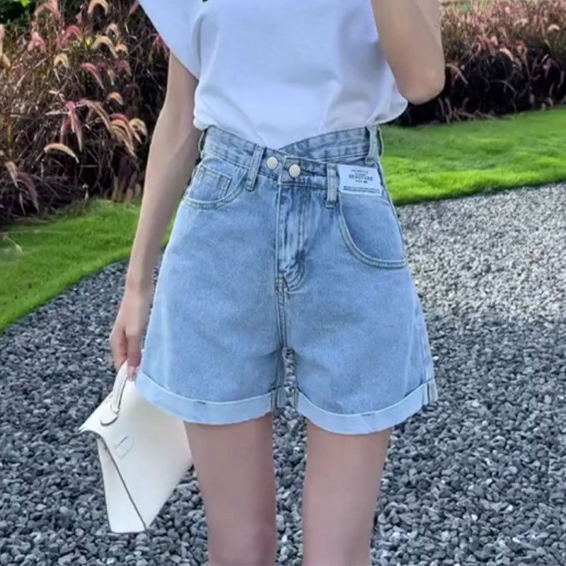Pantaloncini in denim incrociati irregolari da donna, a trapezio, casual, estivi, a vita alta, arrotolati, alla moda e aderenti, larghi, a gamba larga._voghion.com