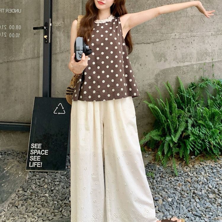 Gilet coreano a pois con scollo rotondo e volant per donna, estivo, nuovo, stile pigro, ampio e snellente, senza maniche_voghion.com