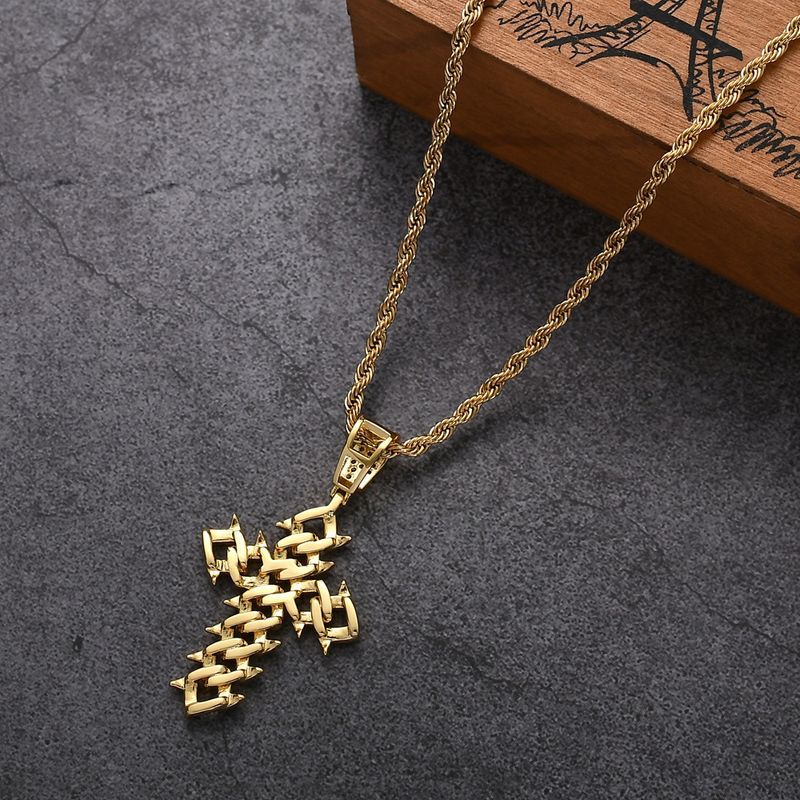 Cuban Chain Pendant Hip Hop Jewelry Copper Inlaid Zircon Trendy Versatile Style Thorn Vine Cross_voghion.com