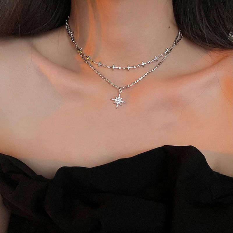 Sweet and cool six-pointed star necklace female ins hip-hop cold style simple clavicle chain 2023 new style necklace_voghion.com