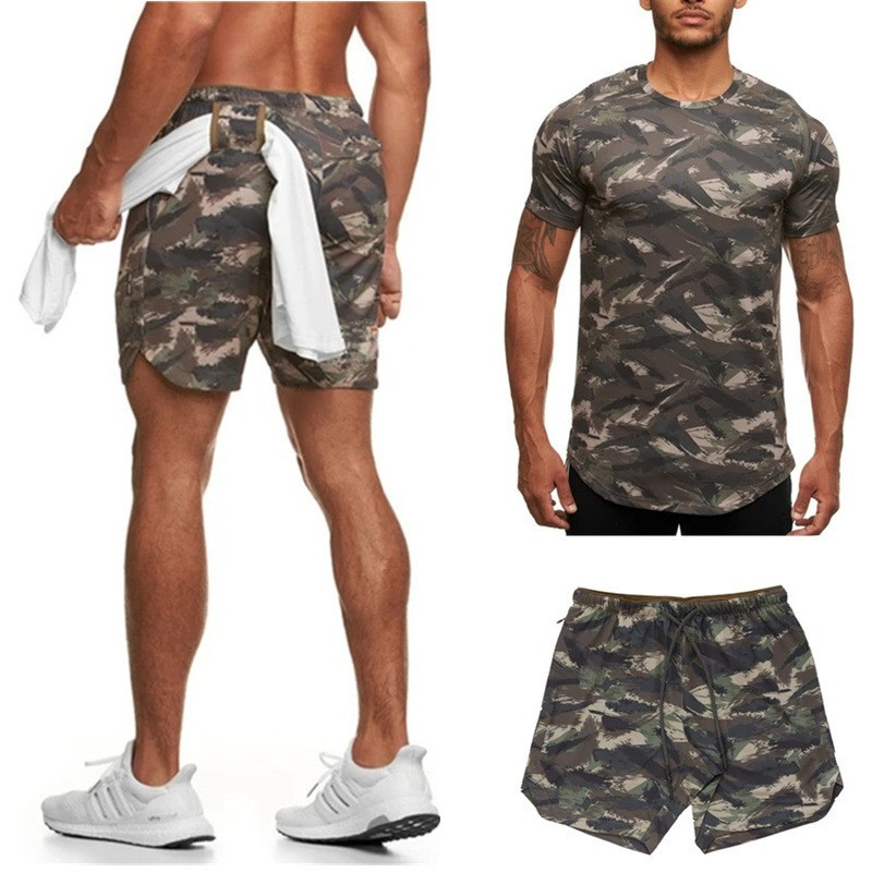 Herren-Shorts, T-Shirt, Sommer, Sport und Fitness, Tarnung, Strandhose, kurzärmeliges zweiteiliges Set_voghion.com