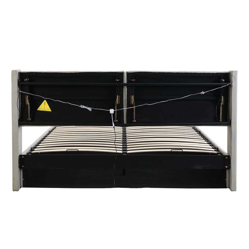 Lit rembourré LED binaural 160 x 200 cm, lit coffre hydraulique avec tête de lit réglable, port USB rechargeable, éclairage LED, cuir synthétique, gris_voghion.com