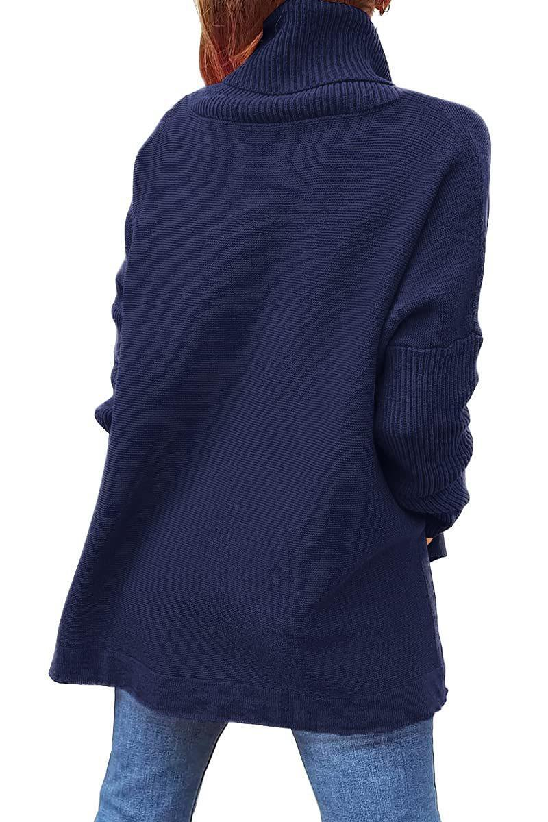 Dametrøje med høj hals, oversized pasform, mellemlang pullover med flagermusærmer, slidskant og bælte_voghion.com