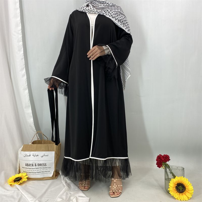 Neue Mesh-Ärmel Saum Moslemisches Abaya Eid Lange Kleider Schwarz Weiß Rand Kaftan Kaftan Marocain Femme Mode Bescheidene Frauen Kleidung_voghion.com