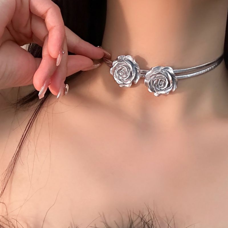 Moda AOMU Nuovo Charms Doppio Strato Argento Colore Rosa Pelle Choker Collana per Donne Ragazza Designer Creativi Collares_voghion.com