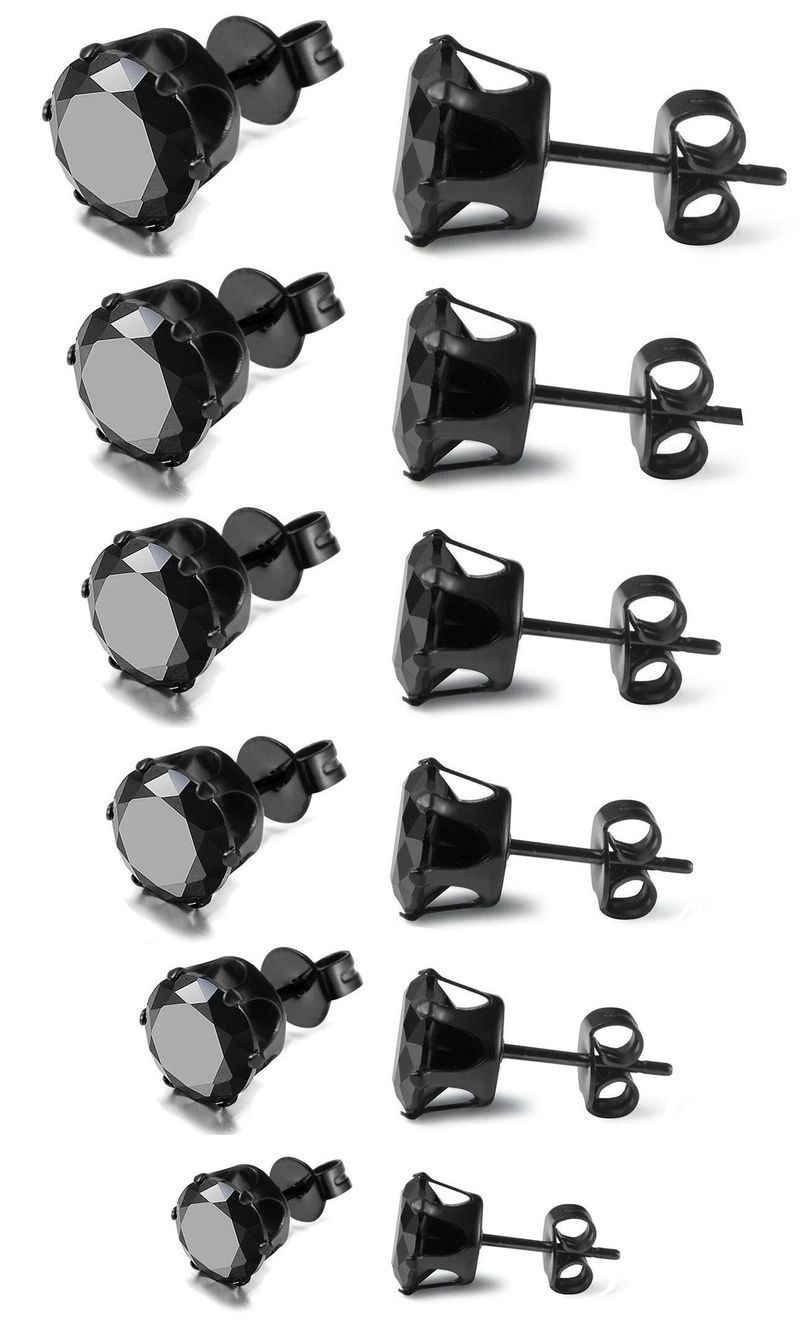 Orecchini in acciaio inossidabile nero - Orecchini a lobo rotondi a 6 griffe e quadrati a 4 griffe con diamanti, pallina rotonda e ciondolo a forma di torta_voghion.com
