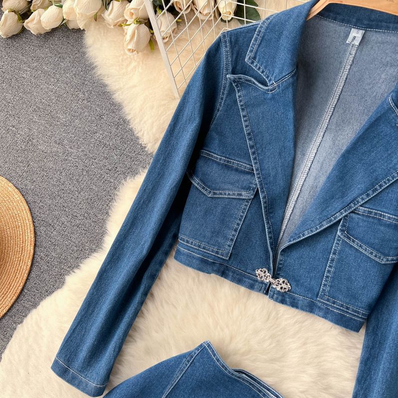 Kleidung Frühling und Herbst Mode Retro Denim Anzug Damen Revers Kurze Langarm Strickjacke Jacke + Split Rock_voghion.com