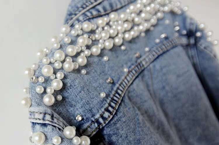 Damkläder Vår- och höstny denimjacka med kraftiga pärlor för kvinnor kort långärmad modejacka jeansjacka med stora pärlor_voghion.com