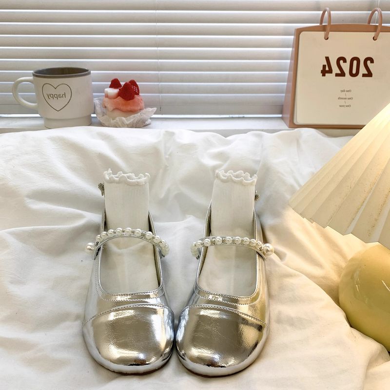 Silver French Pearl Mary Jane Small Leather Shoes Women's Spring And Autumn Versatile Retro Light Mouth Flat Bottom With Skirt_voghion.com