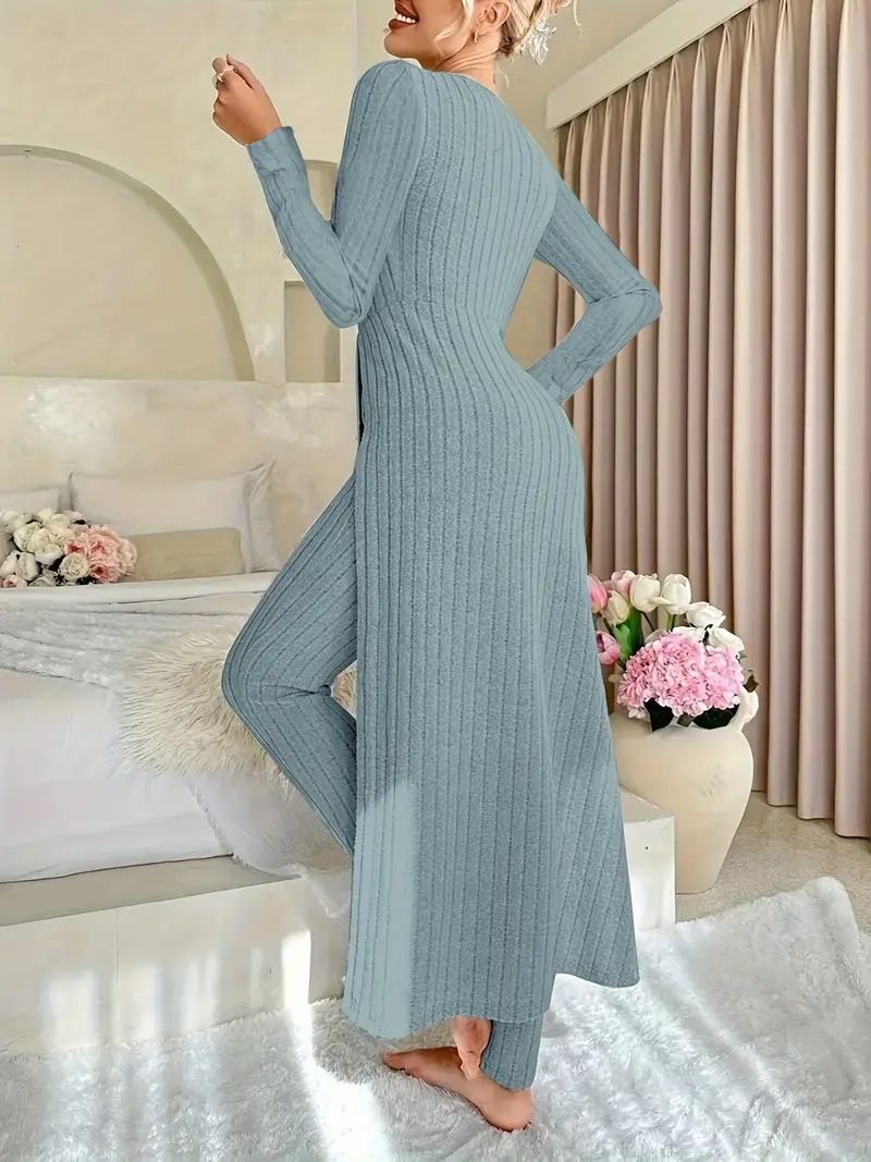 Damen Kleidung Design Rundhals Split Langarm Zweiteiler Anzug Gerippt Frühling_voghion.com