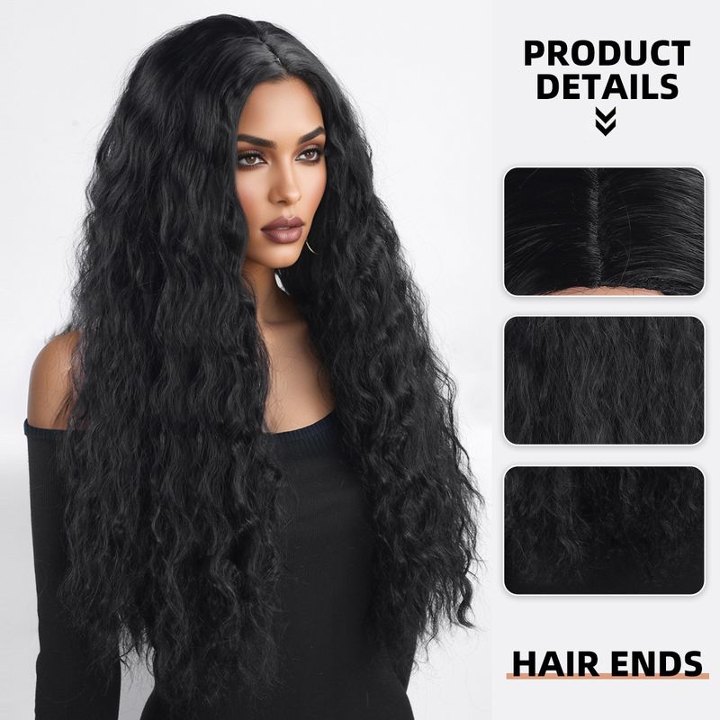 Parrucca con extension per capelli, nuova parrucca per donna, capelli neri ricci alla moda, ondulati, ricci di mais, riga centrale, frangia, copricapo completo._voghion.com