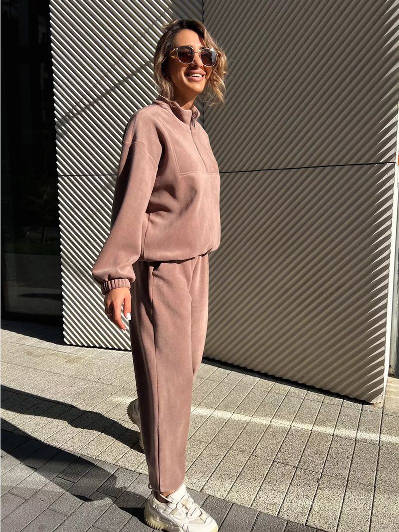 Lässiges Set aus Fleece-Kapuzenpullover und Jogginghose für Damen – locker sitzendes Sweatshirt mit Stehkragen und Hose mit elastischem Bund (Beige, Dunkelgrau, Khaki)_voghion.com