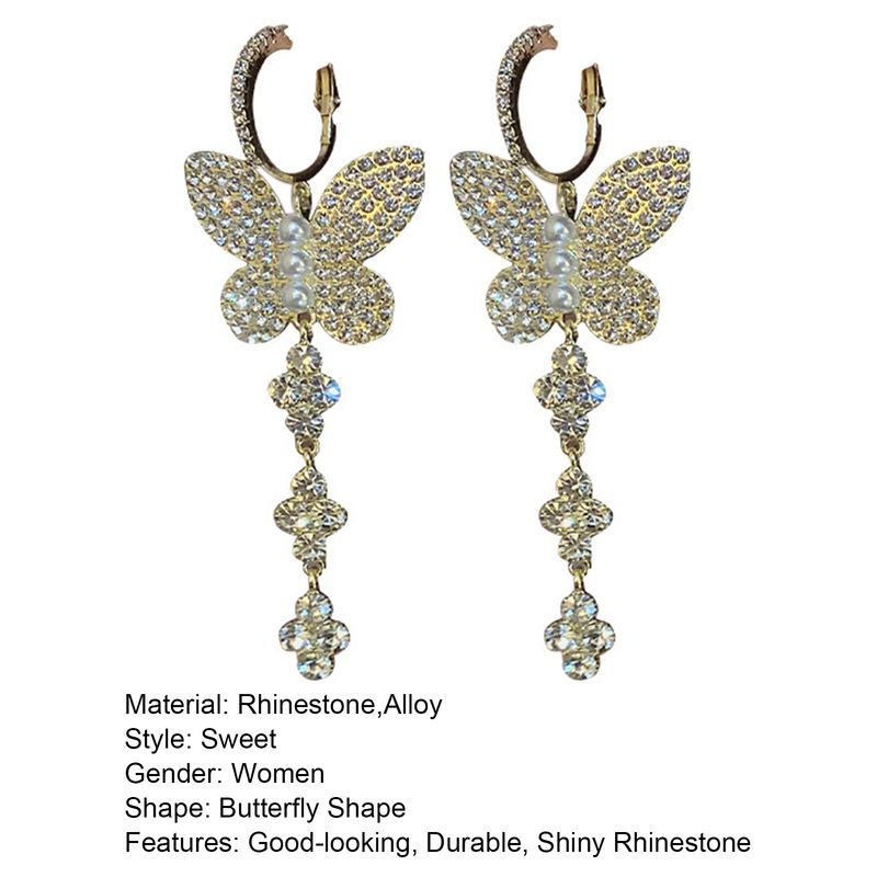 Yamaler 1 paio di ganci da donna, squisite perle d'imitazione, brillanti, con strass, a forma di farfalle, orecchini pendenti, gioielli femminili_voghion.com