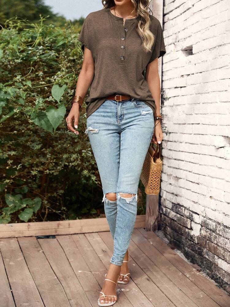 Maglietta a maniche corte con cappuccio e scollo a V da donna, nuova maglietta estiva da donna, tinta unita, con fibbia intrecciata, rosa, ampia, con cuciture_voghion.com