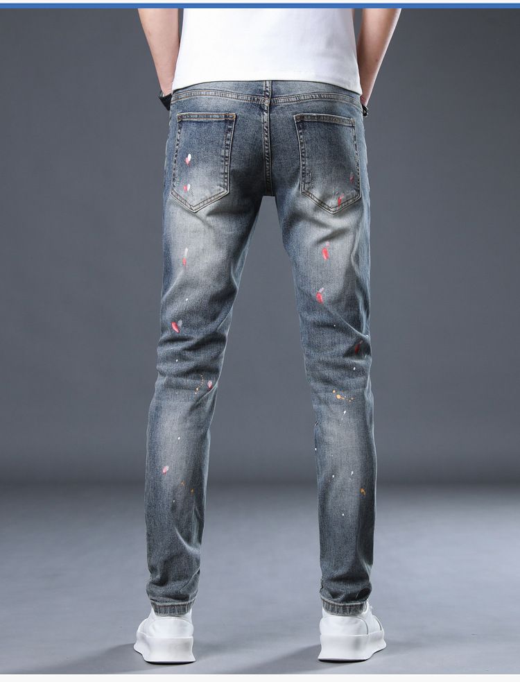 Painted trendy elastic youth distressed jeans slim fit spring/summer small leg denim men's pants_voghion.com
