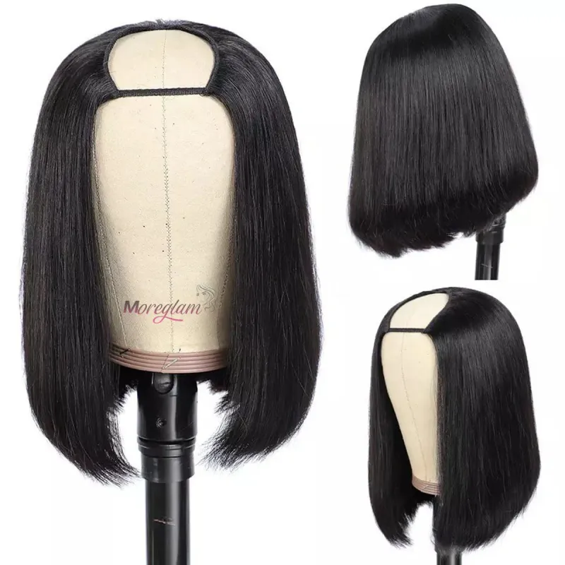 Peluca corta y recta con corte bob en forma de V, sin pegamento, cabello humano brasileño con corte en U._voghion.com