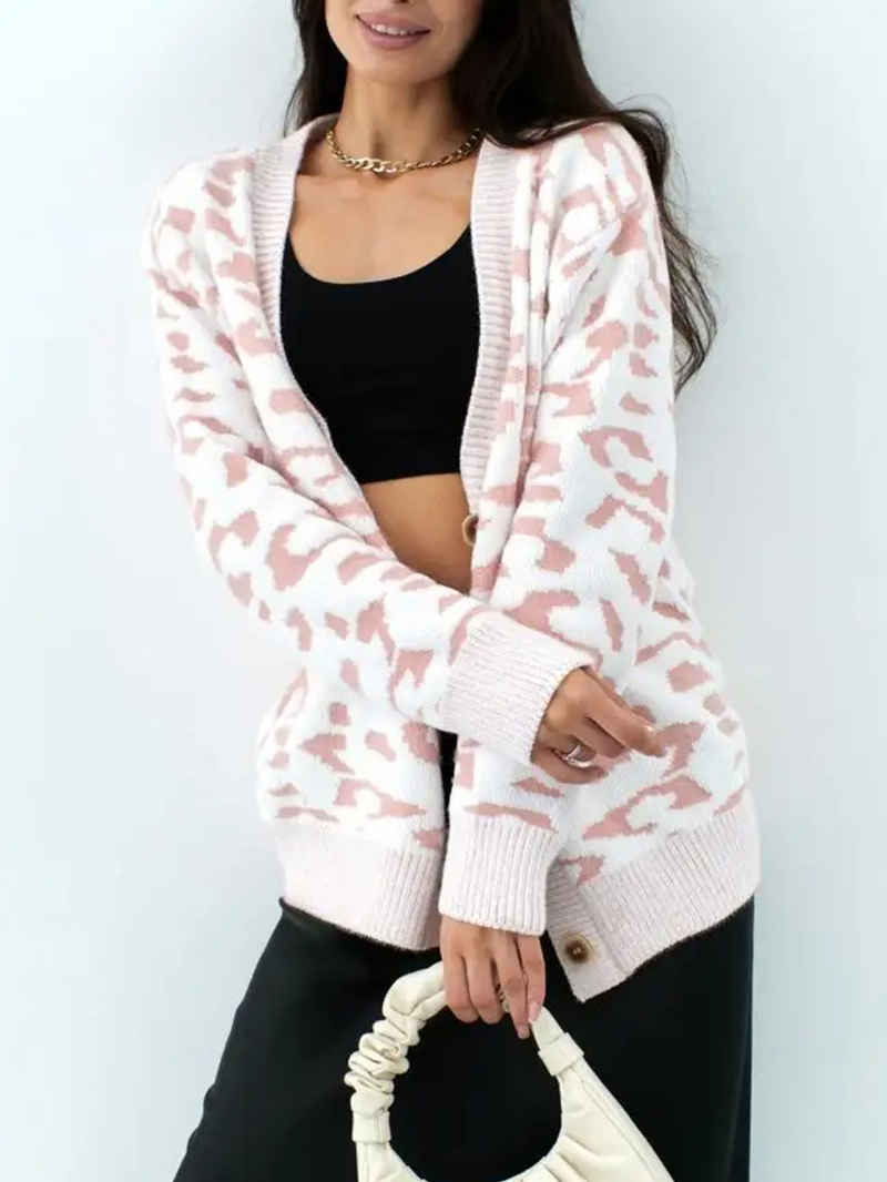 Cardigan tricoté imprimé léopard pour femme, veste pull à simple boutonnage, col en v, nouvelle collection automne et hiver_voghion.com