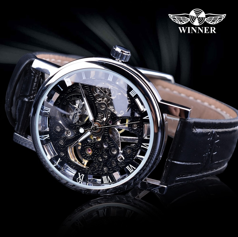 Winner, orologio da uomo con cassa dorata trasparente, design casual, cinturino in pelle marrone, orologio meccanico di lusso_voghion.com