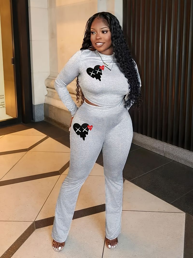 Vêtements pour femmes Love Print Suit T-shirt à manches longues et col rond avec pantalon_voghion.com