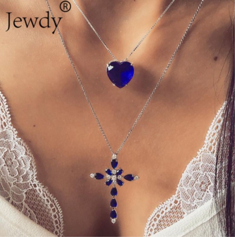 2018 Mode Dubbellaags Kruis Perzik Hart Vol Diamanten Ketting_voghion.com