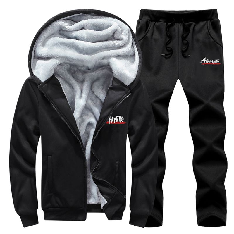 Men's Casual Fleece Choodie And Pants Set Letter Print Two Piece Plush Hooded Pocket Coat Set Drawstring Solid Warm Pants Suit_voghion.com