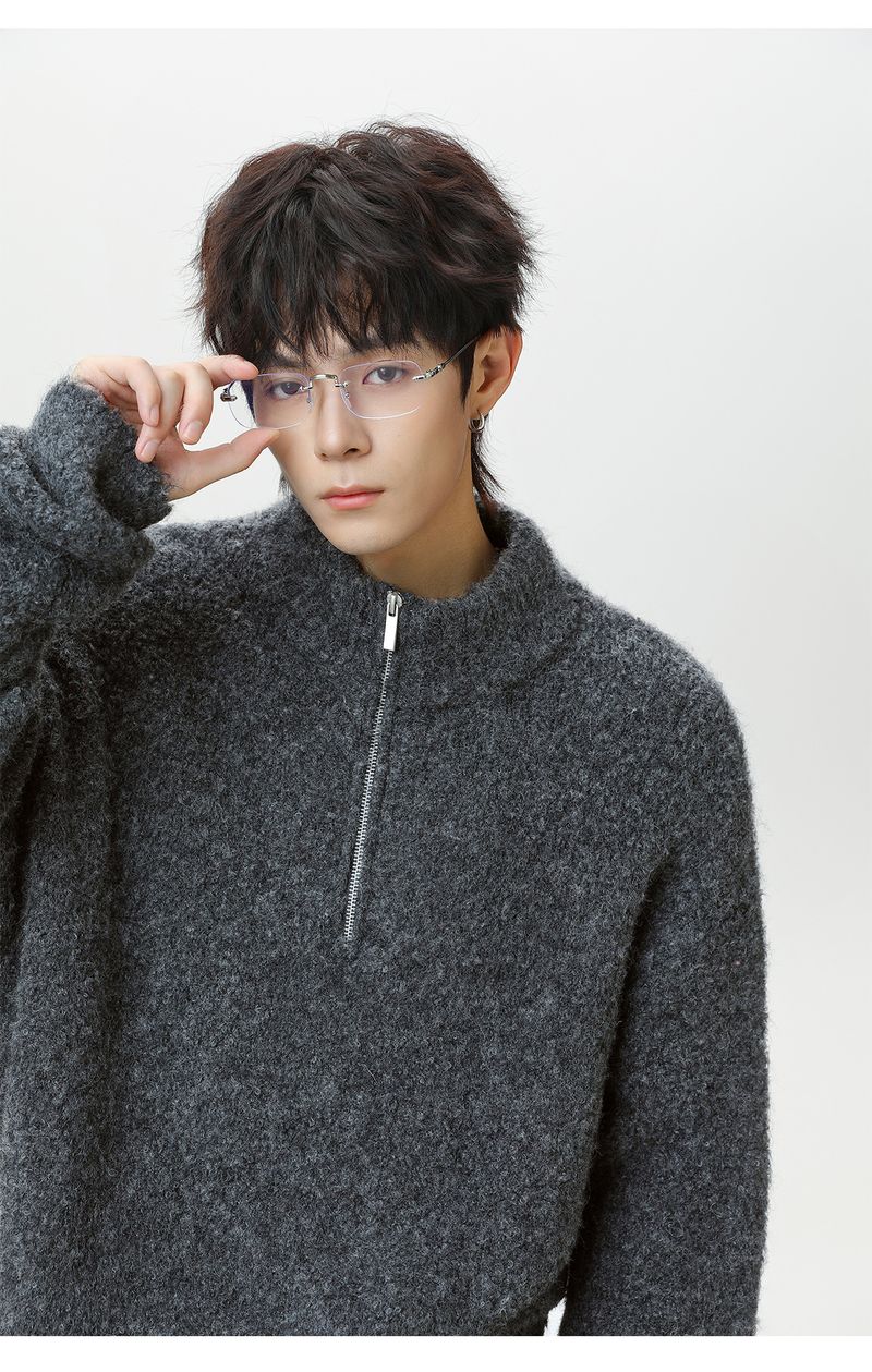Half Zipper Stand-up Collar Pullover Sweater Men's Autumn And Winter Style Texture Warm Lazy Wind Loose Half Turtleneck Knitted Sweater Jacket_voghion.com