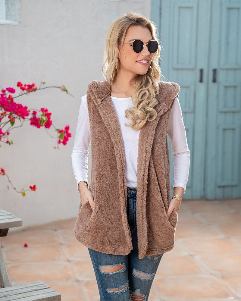 Gilet long en polaire à capuche pour femme - Doudoune douce pour l'automne et l'hiver - Bordeaux - Tailles S à 5XL_voghion.com