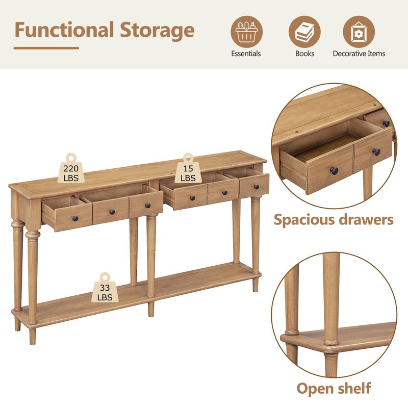 Retro Console Table With 4 Drawers And Open Shelf,perfect For Entryways,Living Rooms,and Hallways_voghion.com