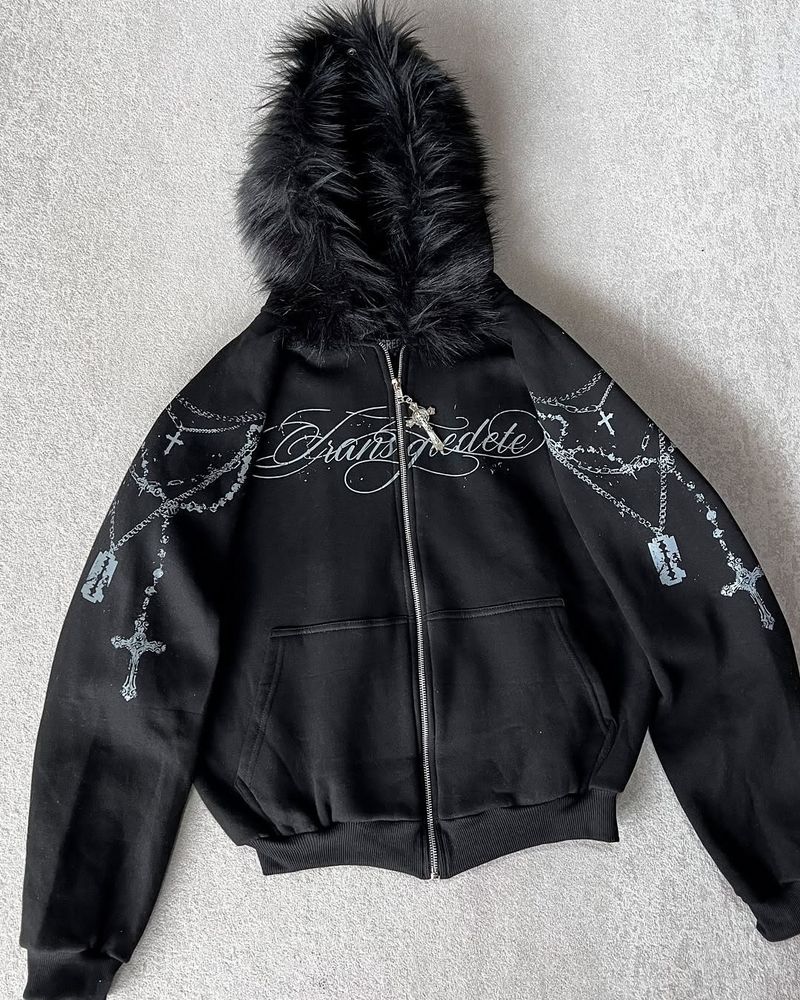Unisex High Street Kapuzen-Sweatshirt mit Reißverschluss, abnehmbarem Kunstpelzbesatz und Grafikdruck – Übergroße Passform für Streetwear-Mode_voghion.com