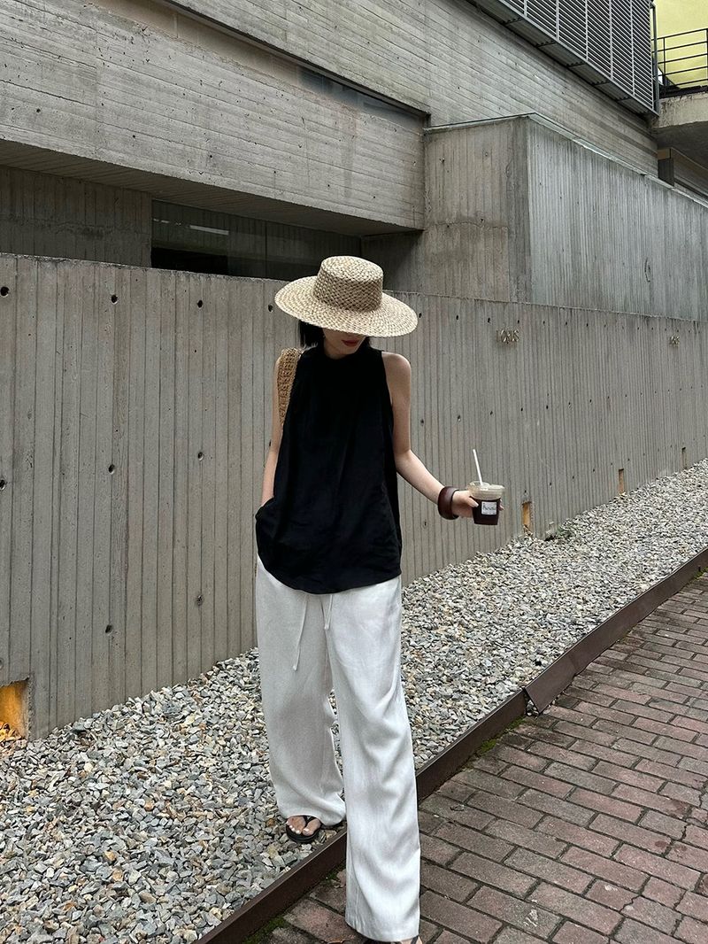 Atmungsaktive Hose aus Leinen-Baumwolle mit weitem Bein für Damen – Relaxed Fit Hose mit hoher Taille und geradem Bein und Kordelzug, lässige Loungewear für den Sommer in Weiß_voghion.com