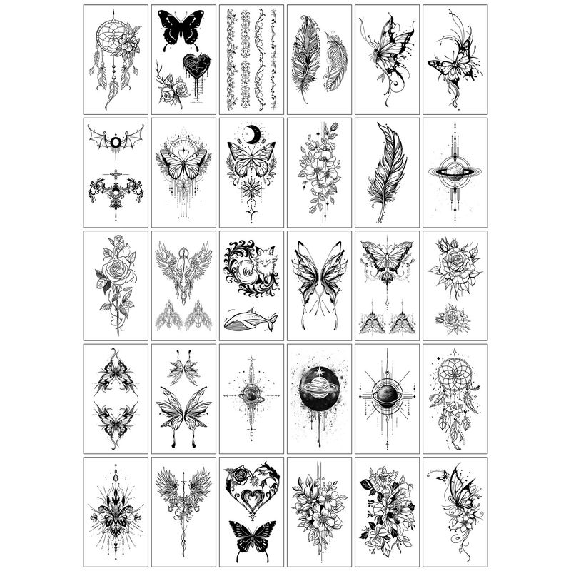 30 de autocolante pentru tatuaje, schiță de flori fluture trandafir alb-negru tatuaje temporare_voghion.com
