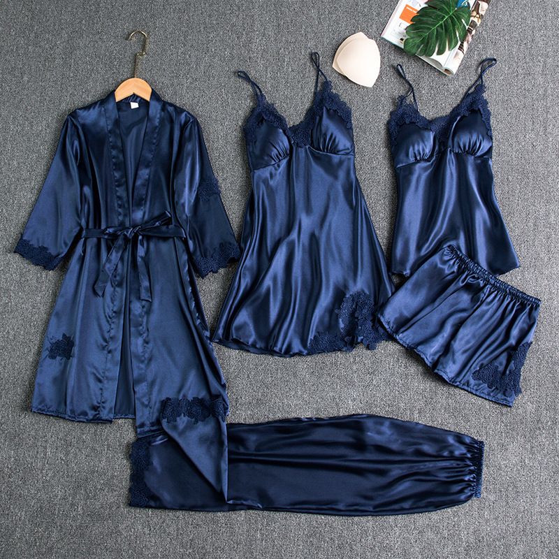 Women's Sleepwears Women Summer Ice Silk Sexy Hot Home Clothes Spring And Autumn Long Sleeve Thin Large Size Cross Border Five Piece Suit Bathrobe_voghion.com